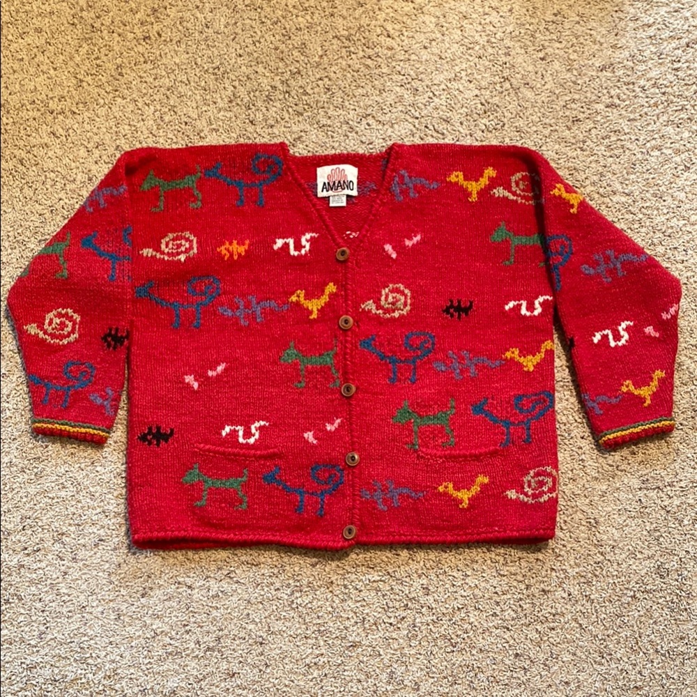 Vintage Amano Artesian Alpaca Wool Colorful Animal Patterned Cardigan